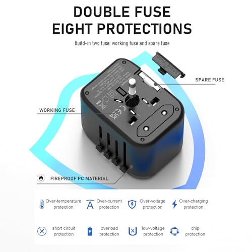 VYLEE Universal Travel Adapter, 5 in 1 International Power Adapter with 3.5A 2xUSB-A & 2xUSB-C Ports, Travel Plug Adapter Worldwide for Europe USA UK AUS Travel Essentials (Black Grey) by VYLEE - Image 6