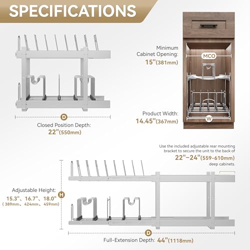 STORKING 2-Tier Kitchen Pull out Cabinet Organizer for Pots, Pans, and Lid Cookware, Adjustable Heavy Duty Wire Pan and Pot Rack, Full-Extension Rail 15" W *22" D by STORKING - Image 2