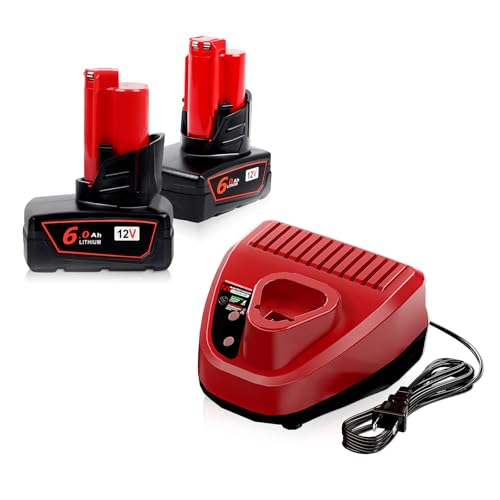【3RD-Upgrade!】 2 Pack 6.0Ah Replacement Battery for Milwaukee M12 Battery & 12V Rapid Charger Bundle Set, Compatible with Milwaukee 12V Cordless Power Tools/Heated Jacket