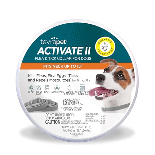 TevraPet Activate II Flea and Tick Collar for Small Dogs, 12 Months Prevention, 2 Count, Fits Up 15'...