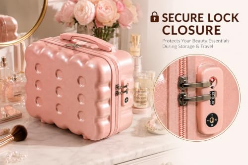 Image of BLUE BEADS Travel Makeup Case with Lock & Luggage Strap, ABS Hard Shell Cosmetic Vanity Case, Portable Makeup Organizer for Women, Beauty Storage Box for Makeup & Toiletries (Rose Gold, Model 2)