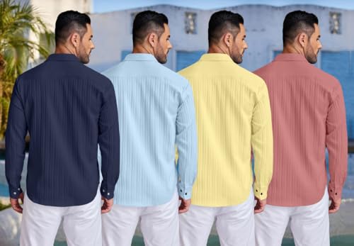 Image of FINIVO FASHION Combo of Men's Casual Cotton Plain Button Down Shirt Long Sleeve Textured Summer Beach Shirt for Men Pack of 4