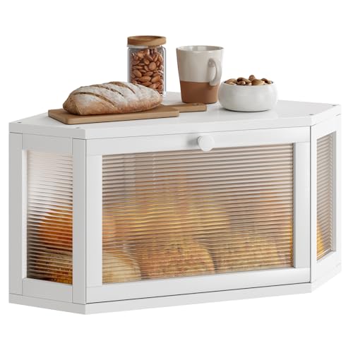 Image of WOWLIVE Corner Bread Box for Kitchen Countertop, Bamboo Bread Storage Container, Large Farmhouse Bread Holder with Acrylic Wavy Door Panel, Multi-functional Container, White