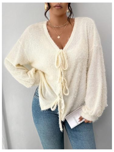 Women's Plus Size Bow Tie Front Cardigan Deep V Neck Long Sleeve Fuzzy Sweater4