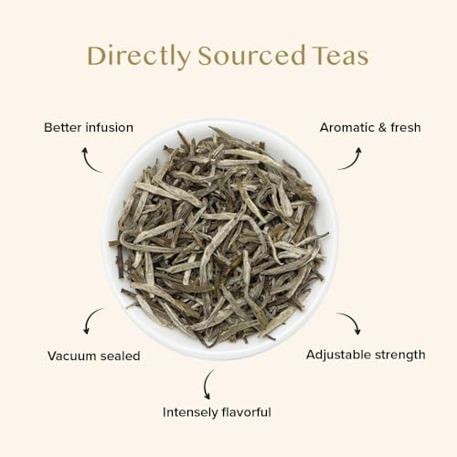 Image of VAHDAM, Silver Pine Needle White Tea Loose Leaf 50g | Caffeine Free, Gluten Free | Pure Unblended Loose Leaf Tea | Vacuum Sealed | Brew As Hot, Iced Or Kombucha Tea