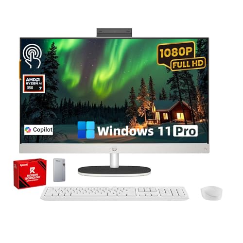 HP 27' FHD Touchscreen 2TB Mega Storage All-in-One Desktop Computer, 16GB DDR5 RAM, 2TB Storage (1TB SSD + 1TB External), AMD Ryzen 5 7520U Processor, WiFi6, Wireless Keyboard & Mouse, Windows 11