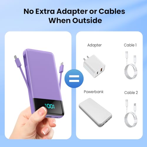 Image of Portable Charger for iPhone,13800mAh Slim Power Bank with Built-in Cables & AC Wall Plug,All in One 4 Outputs USB C Fast Charging Battery Pack Travel Essential for iPhone 17 /16 /15 /14,Android (Purple)