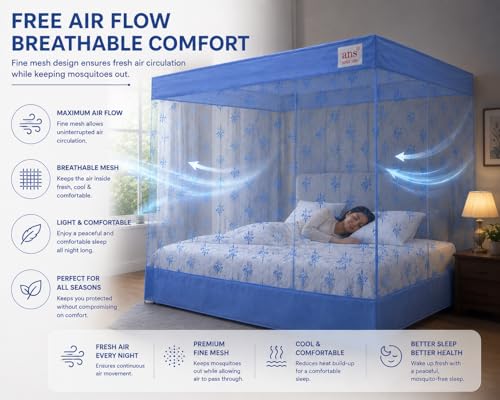 Image of ANS Premium Floral Mosquito Net for Double Size Bed with Cotton Border | 6.5 x 6.5 Ft | Height 5 Ft | Fine Mesh Breathable Fabric | Easy Hanging Box Type Mosquito Net for Family (Sky Blue Floral)