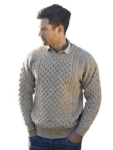 Aran Crafts Unisex Irish Cable Knitted Wool Crew Neck Sweater (C1949-MED-OAT) Oatmeal