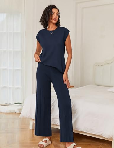 Image of Ekouaer Lounge Sets for Women Two Piece Outfits Knit Cap Sleeve Tops Wide Leg Pleated Pants Casual Dressy Sweater Sets