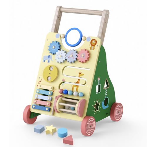 Trotteur en Bois pour Bébé, Trotteur à Pousser Réglable en Hauteur, Chariot de Marche avec Centre d'activités 10 en 1, Jouet d'éveil Idéal dès 12 Mois,...