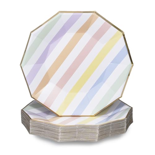 Image of Party Paper Plates, 50-Pack 9-Inch Bulk Disposable Decorative Paper Plates with Gold Decagon Trim, Pastel Colors for Tea Party, Easter, Garden Party, and Bridal Showers, Pastel Rainbow Stripes