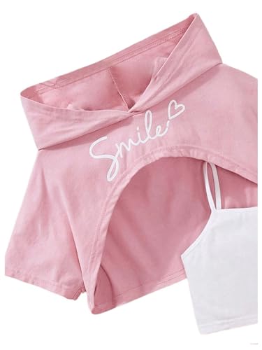 Image of SweatyRocks Girl's 3 Piece Outfits Letter Print Short Sleeve Hooded Tops and Cami Tops with Shorts Set