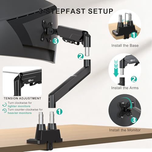 Image of WALI Adjustable Dual Monitor Arm for 13-43 inch Screens, 22 lbs per Arm | Ultrawide Monitor Arms for 2 Monitors, Full Motion with Tilt, Swivel, Rotation, C-Clamp /Grommet, VESA 75 /100mm (GSM002XLN)