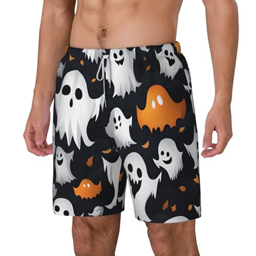Cute White Ghost Halloween Pattern Men's Soft Double Swim Shorts, Lounge Swiming Shorts Pants Breathable Summer2