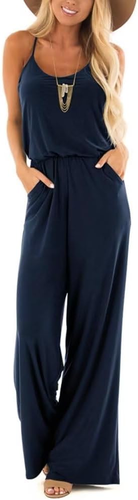 Womens Casual Loose Sleeveless Spaghetti Strap Wide Leg Pants Jumpsuit Rompers