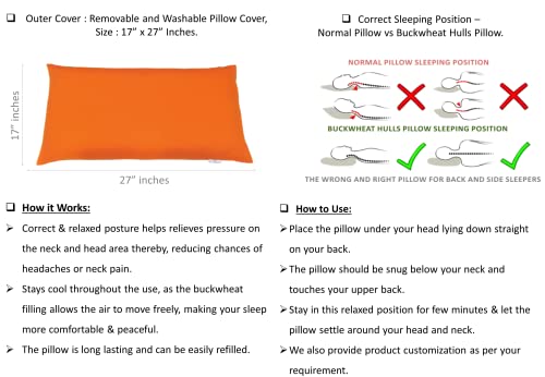 Image of Buckwheat Hulls Pillow | King Size | 17 inch x 27 inch inch | Pillow for Neck Pain | Shoulder Pain | Back Pain | Other Sleeping Problem | for Daily Use (Orange)
