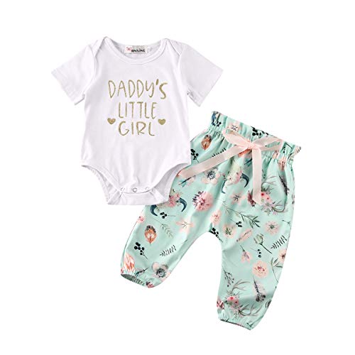 Image of 2PCS Baby Girl Clothes Daddy's Little Girl Romper Bodysuit Tops + Floral Pants Outfit Set (0-6 Months, White)