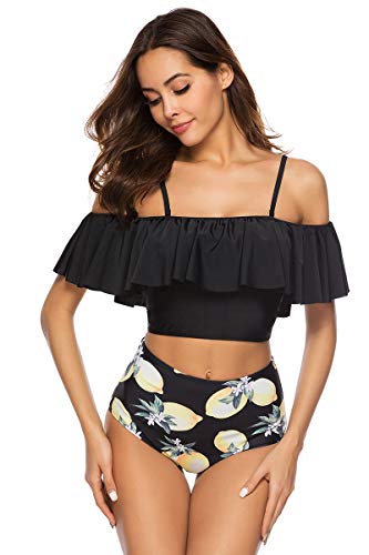 Conjunto de biquíni feminino Donnalla com babados e cintura alta, Laranja, Large