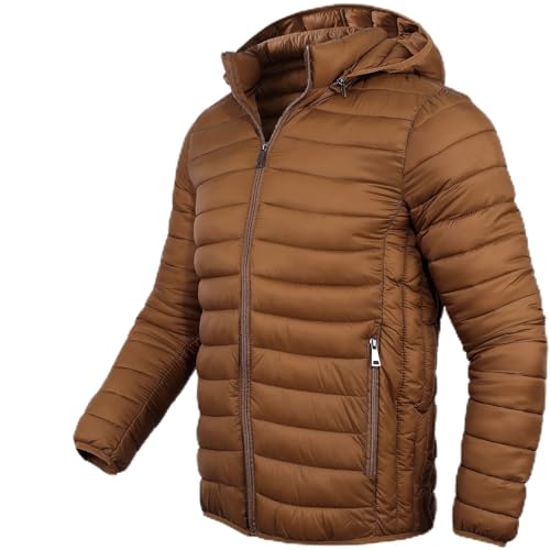 Image of Down Jacket Men Puffer Jacket Lightweight Down Jacket Full Zip Hoodie Winter Coat, Brown 2XL