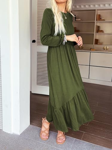 Image of Mieazom Women's Long Sleeves Maxi Dress Casual Loose Tiered Flowy Swing Beach Long Dresses with Pockets