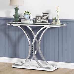 O&K FURNITURE Silver Glass Console Tables for Entryway,Glass Entryway Table with Curved Frames and Marble Base, Modern Entrance Table Sofa Table for Living Room,Hallway,Silver Glass&White Marble
