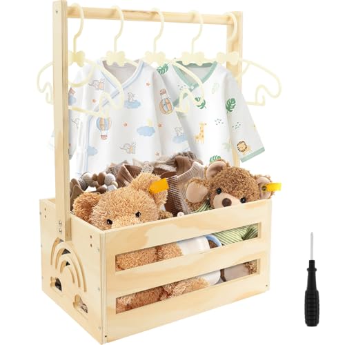 Baby Geschenk Korb Holz Baby AufbewahrungSkorb mit Griff und 5 KleiderständerBabyparty Dusche Kiste Schrank Personalisierte Neugeborene Korb für Geburtstage Babyparty Geschenk Weihnachten Neue Eltern