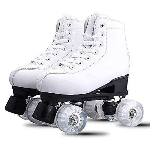 Classic White Roller Skates Unisex Double Row 4 Wheels Quad Rollers Skates, PU Leather Material, with Durable PU Wheels for Indoor Outdoor Beginners Teens Adult Boys Girls (Women8/Men6.5)