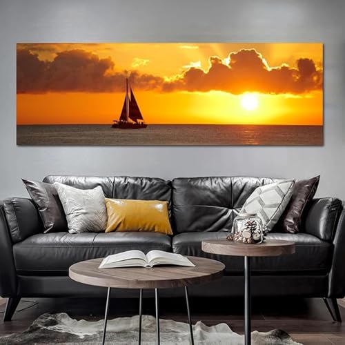 Affiches de paysage une pièce et peinture de coucher de soleil de bateau pour salon 40x120 cm