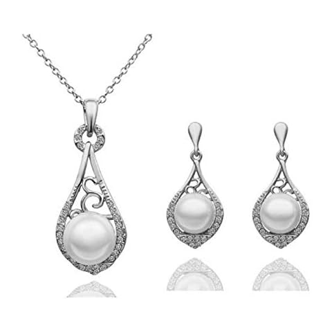 Lovogue Faux Pearl Strands Necklace Earrings Set Crystal Teardrop Pendant Necklace Chain Dangle Jewelry for Women(Silver) Cover
