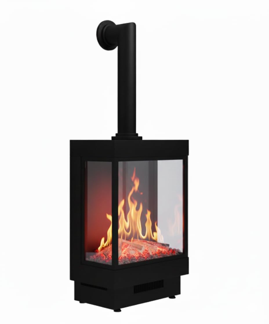 CHEMIN'ARTE Chimenea eléctrica Majestic con Tubo Decorativo, Efecto de Llama LED 3D 180°, 10 Colores, Troncos Decorativos y Cristales, Negro, calefacción 2000 W, Chimenea bajo Consumo