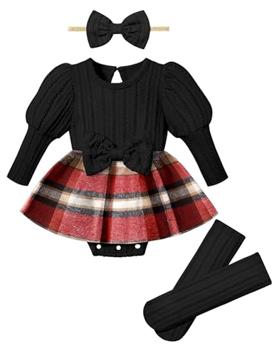 Image of KANGKANG Baby Girl Outfits, Bubble Long Sleeve Romper Plaid Dresses + Socks + Headband Baby Girl Fall Winter Outfits