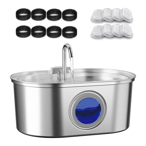Cat Water Fountain Stainless Steel with 8 Carbon Filters and 8 Sponges Cover
