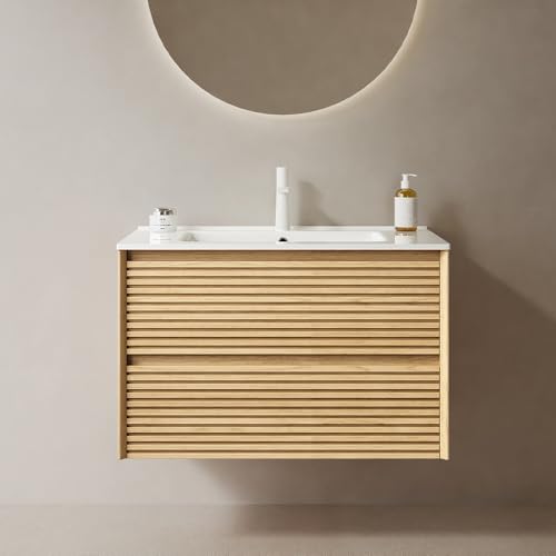 RAINLUX 30" Floating Bathroom Vanity with Sink, Wall Mounted Modern Bathroom Cabinet with 2 Soft Close Drawers, Oak & Plywood, Pre-Assembled with Integrated Ceramic Basin – Sedona, Light Oak