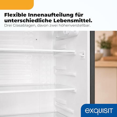 Exquisit Vollraumkühlschrank | 76 l Nutzinhalt, Energieeffizienzklasse E, 41 dB(A) | kompakt, LED-Innenbeleuchtung, manuelle Temperaturregelung, Glasablagen, Gemüseschublade | KS585-V-091E inoxlook