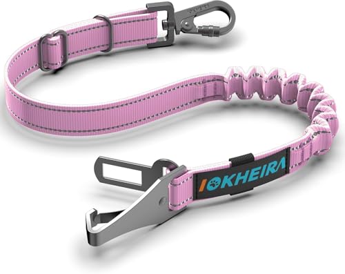 Image of IOKHEIRA Dog Seat Belt 3-in-1 Car Harness for Pets Adjustable Safety Seatbelt Nylon Reflective Bungee Fabric Dog Car Harness with Clip Hook Latch & Buckle, Swivel Zinc Alloy Carabiner (Pink)