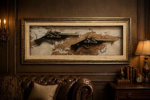 Image of Vintage Dual Pistol Wall Art Frame with World Map Background | Antique Gun Replica Wall Decor | Wooden & Metal Finish Framed for Living Room & Office - Gold Ornate Frame