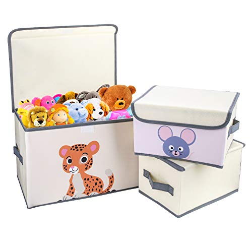 DIMJ Scatole di Immagazzinaggio 3 Pacchi Scatola di Giocattoli Pieghevole Contenitore per Bambini Motivo ad Animali per Vestiti, Scarpe, Giocattoli e Libri, Beige