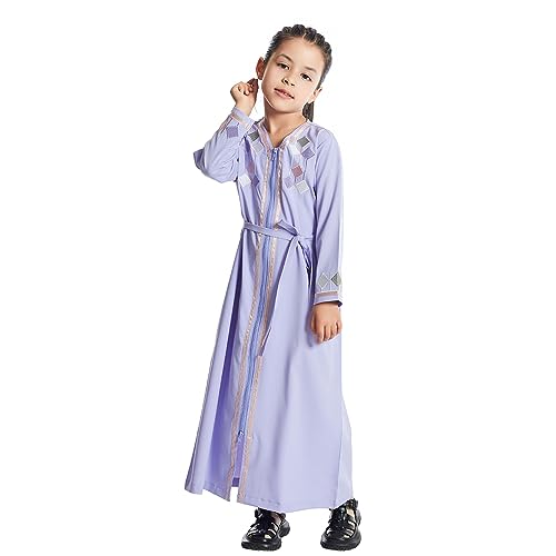 Ibakom Muslim Girl Abaya Dress Long Sleeve Hooded Dubai Attire Islamic Modest Arabian Dresses Full Length Maxi Bohemian Arabic Kaftan Eid Prayer Kurta Middle East Ramadan Thobe Light Purple 3-4 Years thumb #4