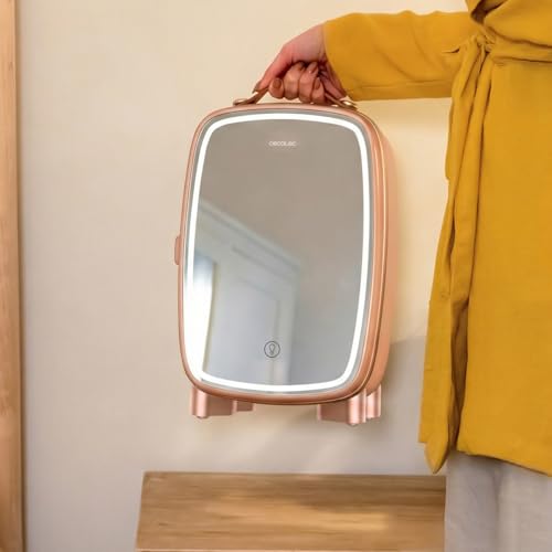 Mini Réfrigérateur Cosmétiques Rose sur Coiffeuse avec Miroir Éclairé Cecotec