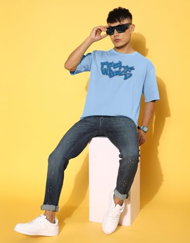Image of Cotton Blend Oversized Loose Fit Drop Shoulder Graphic Printed Men's Half Sleeve T-Shirt (Sizes: S to 2XL)