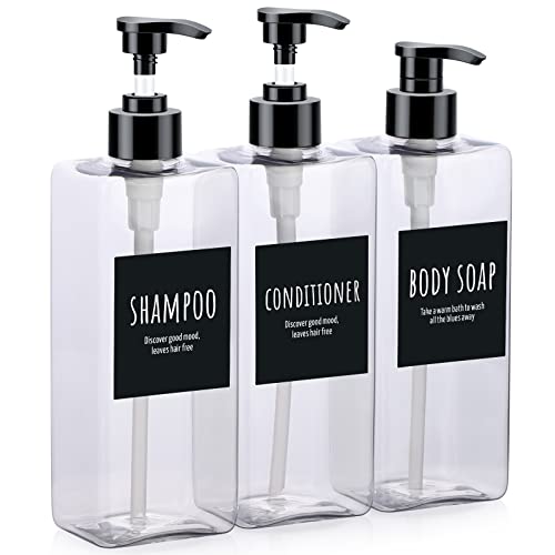 Segbeauty Shampoo Bottles, 3pcs 16.9oz Empty Refillable Pump Dispenser with Labels, 500ml Plastic Reusable Press Lotion Containers for Bathroom Hotel Liquid Soap Body Wash Hand Soap Conditioner Clear
