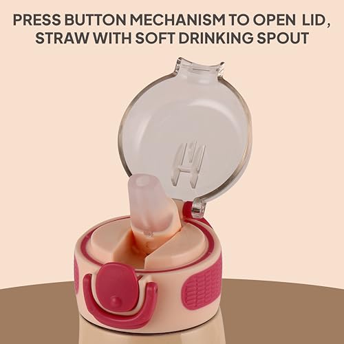 Image of Cello Kidzbee Flare 450 Insulated Stainless Steel Sipper Water Bottle 444 ml, Peach | Winnie Family Cartoon Design Hot & Cold Bottle | Vacuum Insulated Leakproof Easy to Carry Bottle for Kids