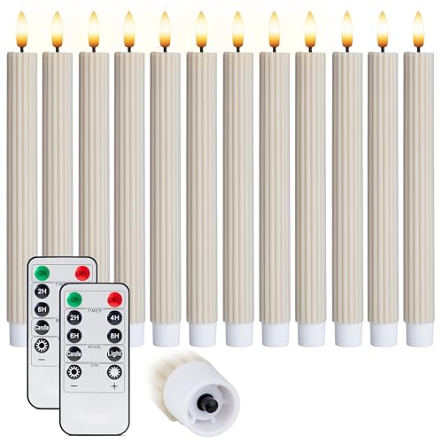 Image of 10 inch Fluted Ribbed LED Cream Beige Grooved Real Wax Taper Candles, Remote & 24h Timer Memory, On /Off Switch - Flameless Dimmable Battery Operated w /Flicker Mode, Home Wedding Decor (12 Pack)