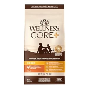 Wellness CORE+ Adult Dry Cat Food for Indoor Cats, Grain-Free, Natural, Chicken, Turkey & Chicken Meal (5 Pound Bag)