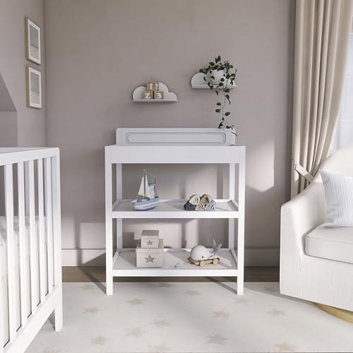Image of Dream On Me Avery Baby Changing Table with Storage, New Zealand Pinewood, BSA Safety Certified, 2 Open Shelves, Water-Based Finish, Compact Space-Saving Nursery Design, White