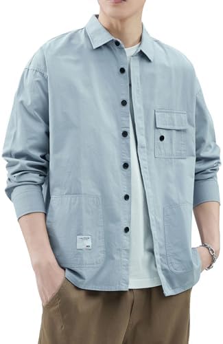 （11:00時点） [W Wonyo] 長袖シャツ メンズ 秋服 人気 ワークシャツ レギュラーカラー カジュアル しゃつ 襟付き トップス おしゃれ 大人 ブラウス マルチポケット 洗い加工 中薄 コットン100 ロングスリーブ 上着 羽織り アメカジ 仕事 作業着 レトロ ストリート 普段使い かっこいい服 春 秋 smoke blue L