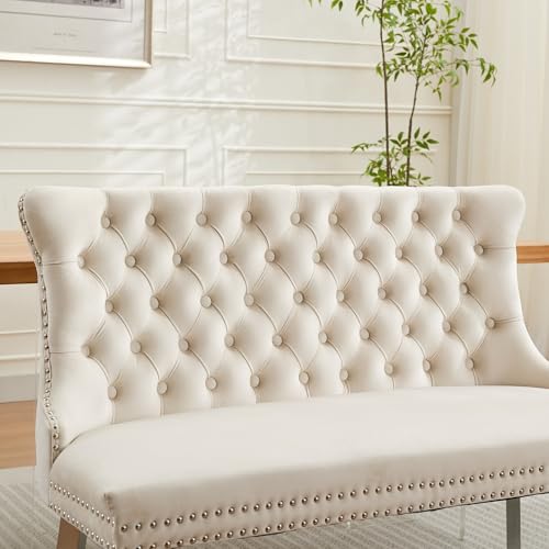 Image of 45.6''Velvet Dining Bench, Button Tufted Upholstered Dining Table Bench with Wing Highback, Nailhead Decoration, Small Loveseat Sofa with Silver Stainless Steel Legs, Mid Century Modern Seating, Beige