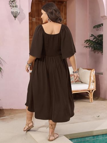 Image of SCOMCHIC Plus Size Summer Dress Casual Short Sleeve Bow Tie Deep V Neck Smocked Button Down Midi Flowy A-line Boho Dresses