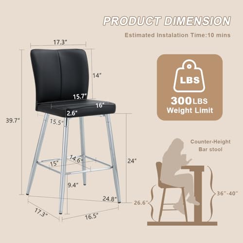 Image of Counter Height Bar Stools Set of 2,27''Kitchen Island Stools with Back,Black Barstools with Sturdy Metal Legs,Modern Bar Stools Ideal for Kitchen Island Pub Cafe(Faux Leather-Black)